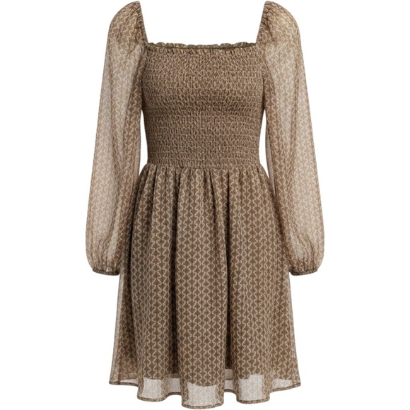 Kourt Dresses & Skirts - Kourt Tan Calypso Fan Print Smocked Boho Dress Metallic Stripe XL Womens
